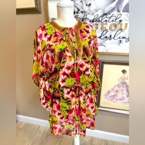 NWT! NAEEM KHAN Pink and Green Floral Dolman Sleeve Sundress